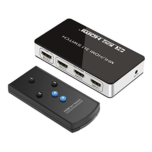HDMI Switch, Vogek 4K x 2K 3x1 Aluminium HDMI Switch with MHL Mode and Remote Control for Mobile Phone/Laptop/Blue-ray/Gaming Box - Black and Silver