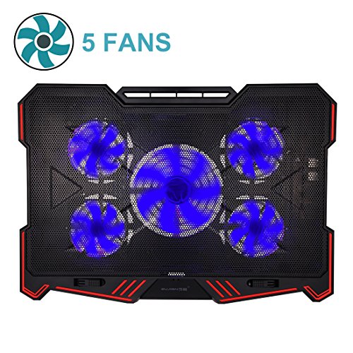 Laptop Cooling Pad BUJIAN 5 Ultra Quiet Fans and Red Led Lights with 13 wind speed (2600-5000RPM) and Ultra-slim and Skid Proof Design for 12-15.6 Inch Laptop (S-X5)
