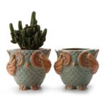 T4U 4.25&#8243; Embossed Owl Shape Sucuulent Cactus Plant Pots Flower Pots Planters Containers Window Boxes Green 1 pack of 2