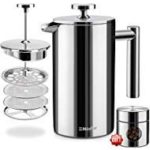 French Press Double-Wall Stainless Steel Mirror Finish (34oz) 20% Heavier Duty Coffee/Tea Maker: Multi-Screen System 100% No Coffee Grounds Guarantee, 18/10 Stainless Steel, Rust-Free, Dishwasher Safe